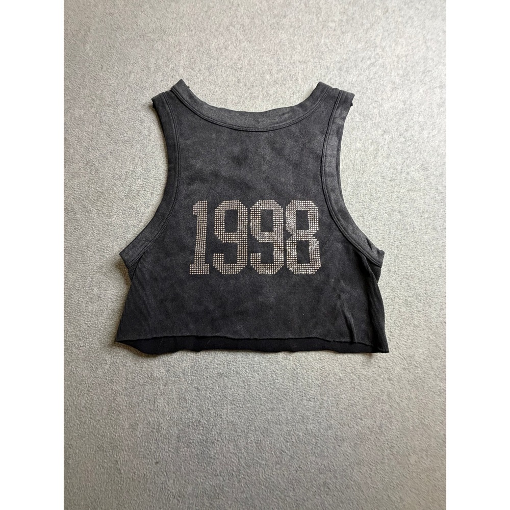 Vital Life 1998 Rhinestone Cropped Tank Top Acid Wash Gray Women Size L